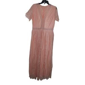 Apricot Peach Pink Lace Maxi Dress Women's Size Large V-Neck‎